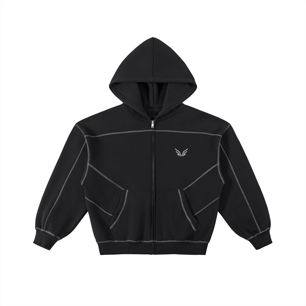Contrast-Stitched Boxy Fleece Zip Hoodie