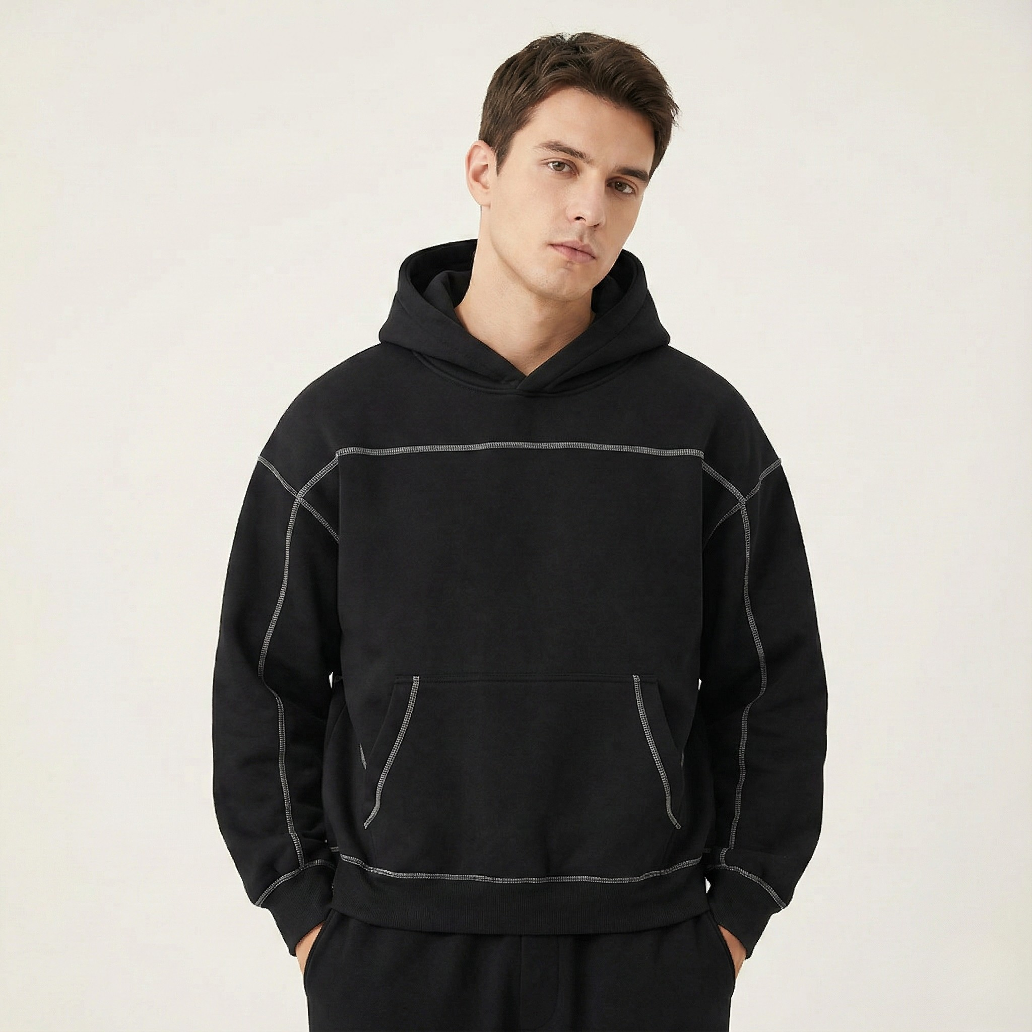Contrast-Stitched Boxy Fleece Hoodie
