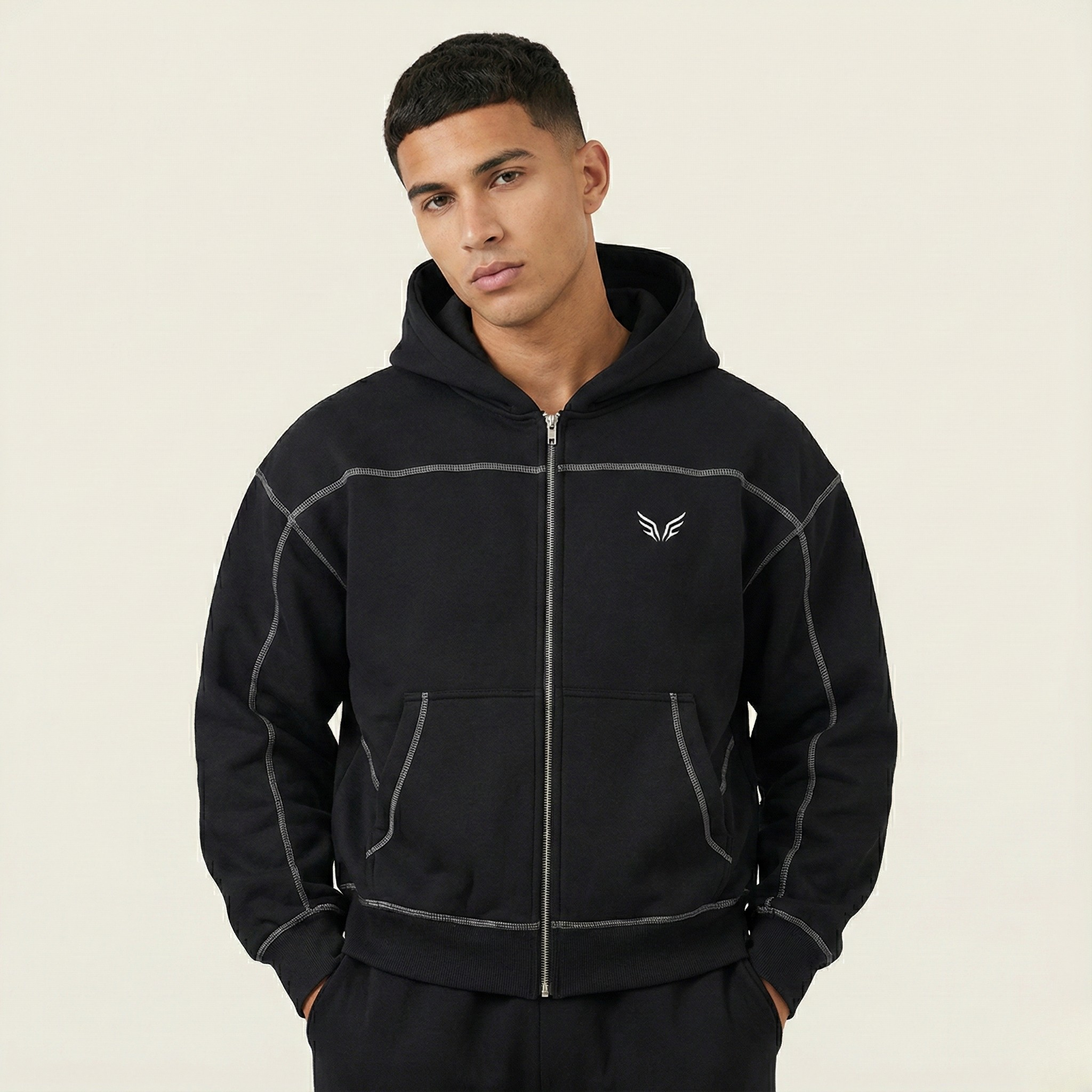 Contrast-Stitched Boxy Fleece Zip Hoodie