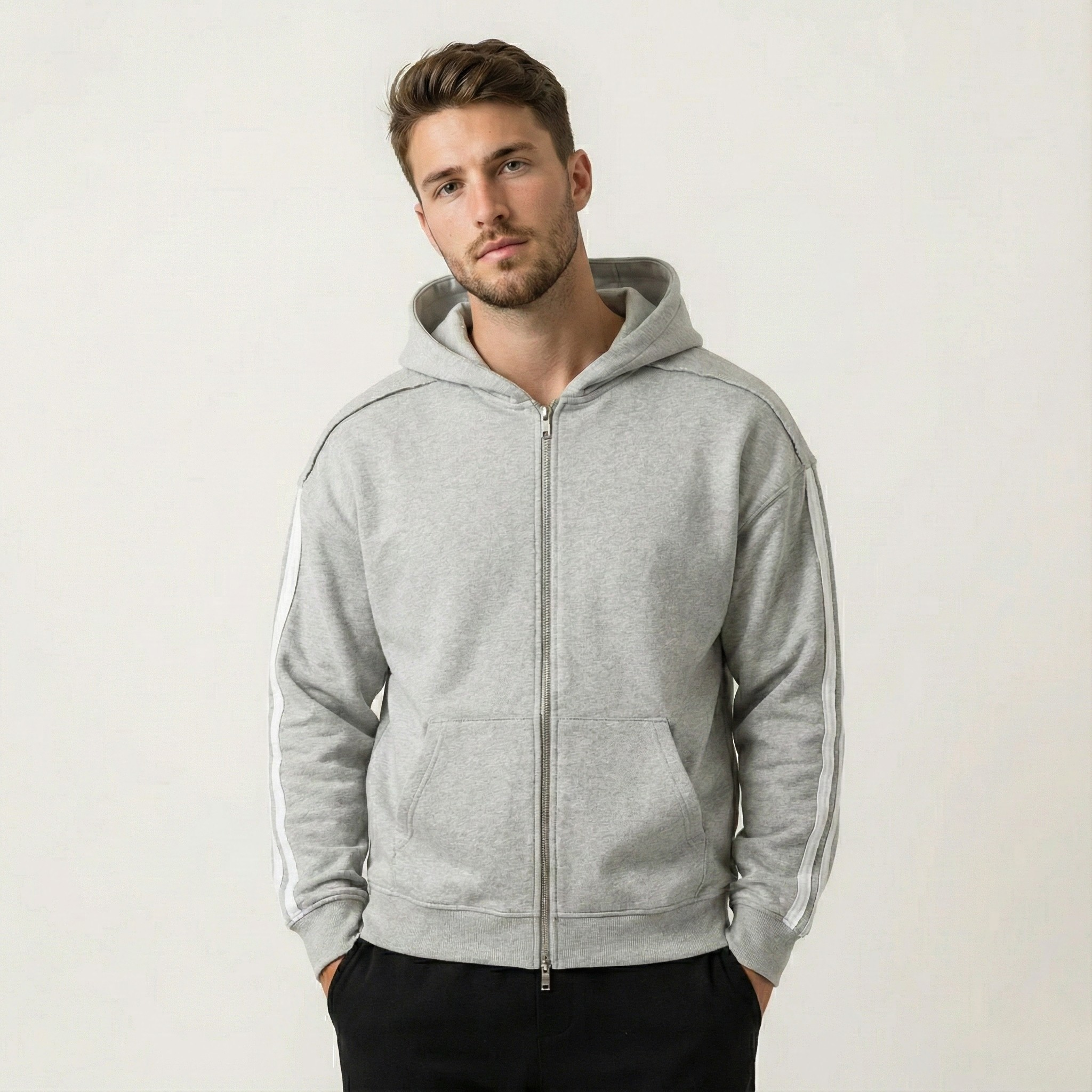 Contrast Tape Raw Edge Double Layered Zip Hoodie