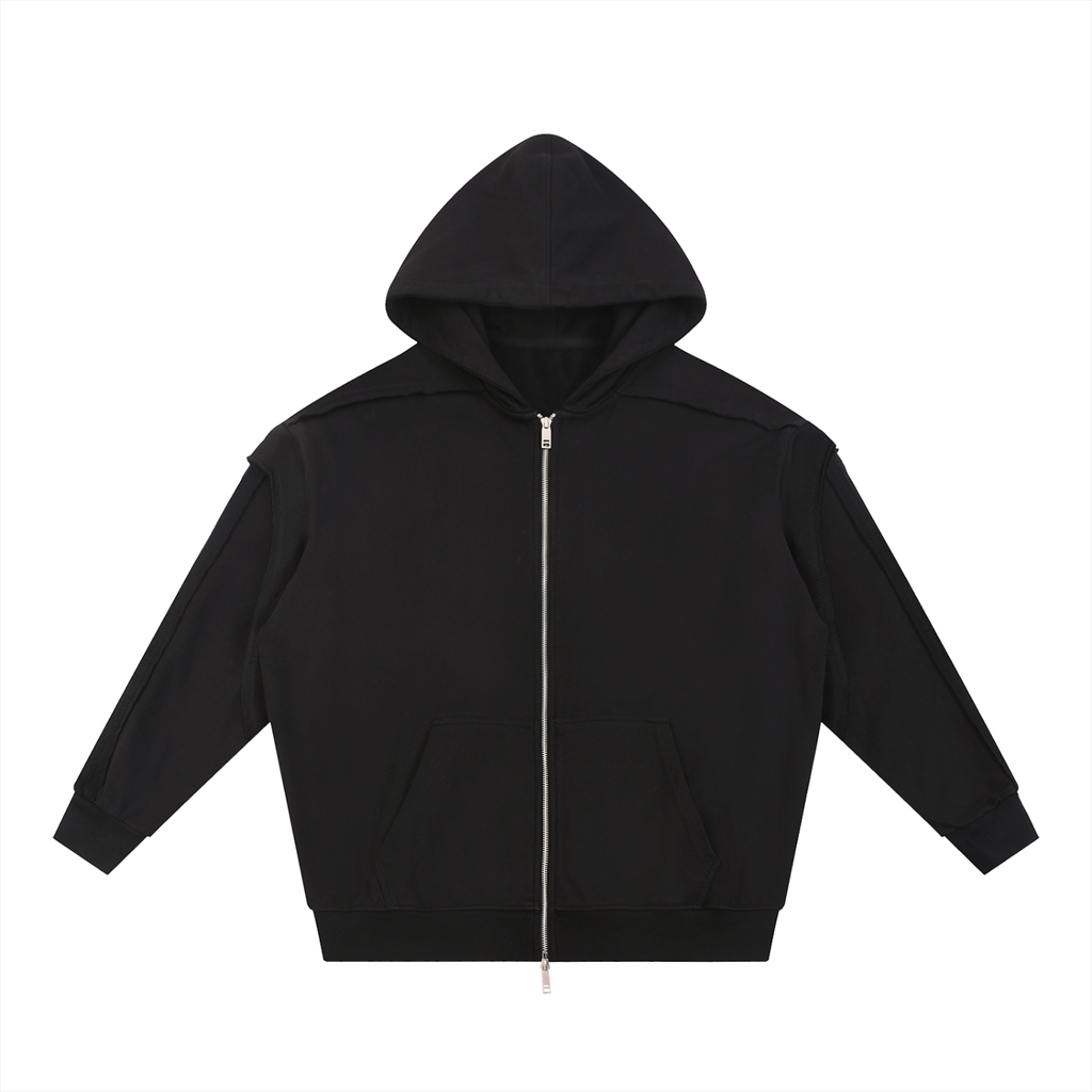 Contrast Tape Raw Edge Double Layered Zip Hoodie