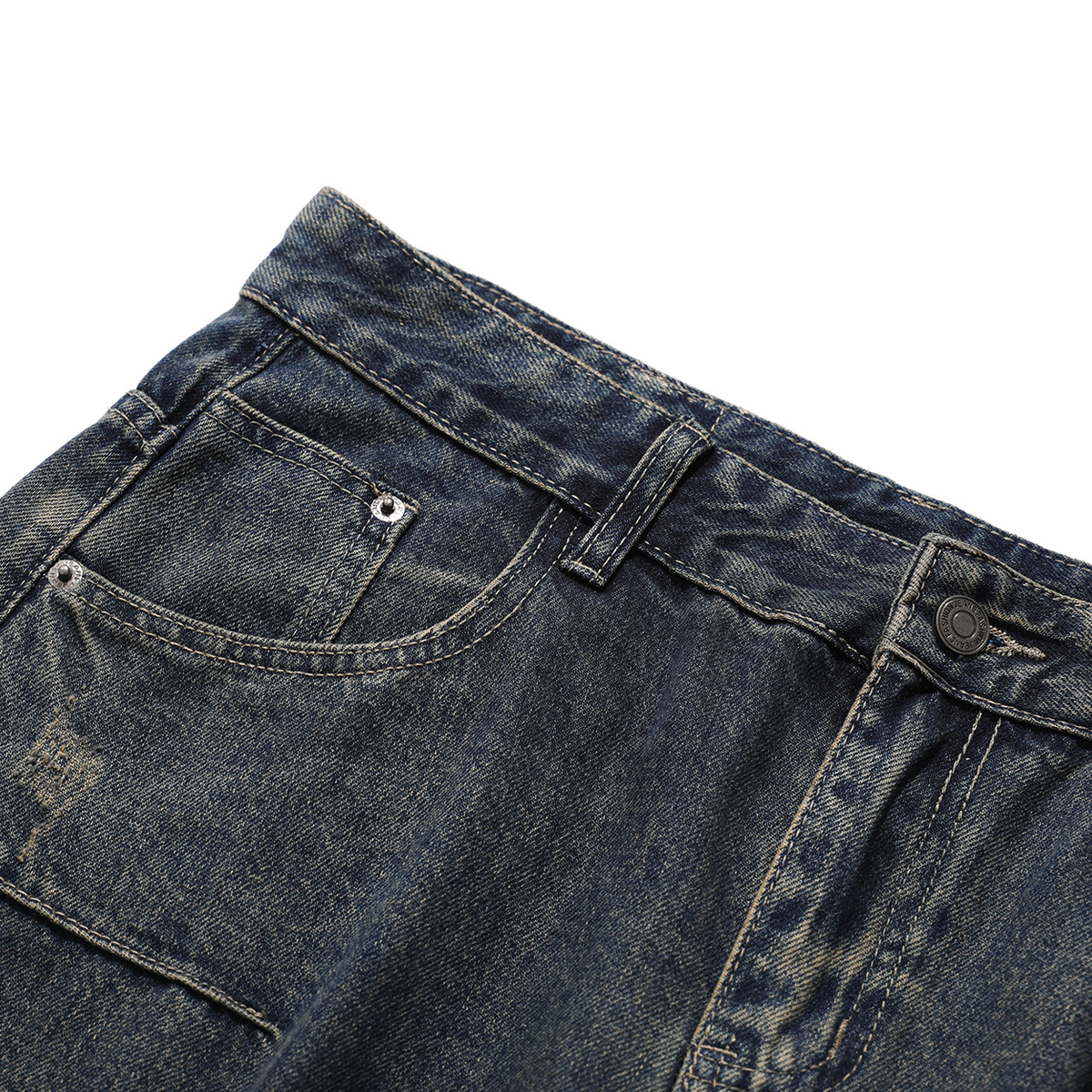YHSWAGY heavyweight cargo denim detail view, vintage wash fabric