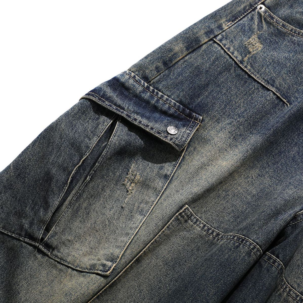 YHSWAGY heavyweight cargo denim detail view, vintage wash fabric