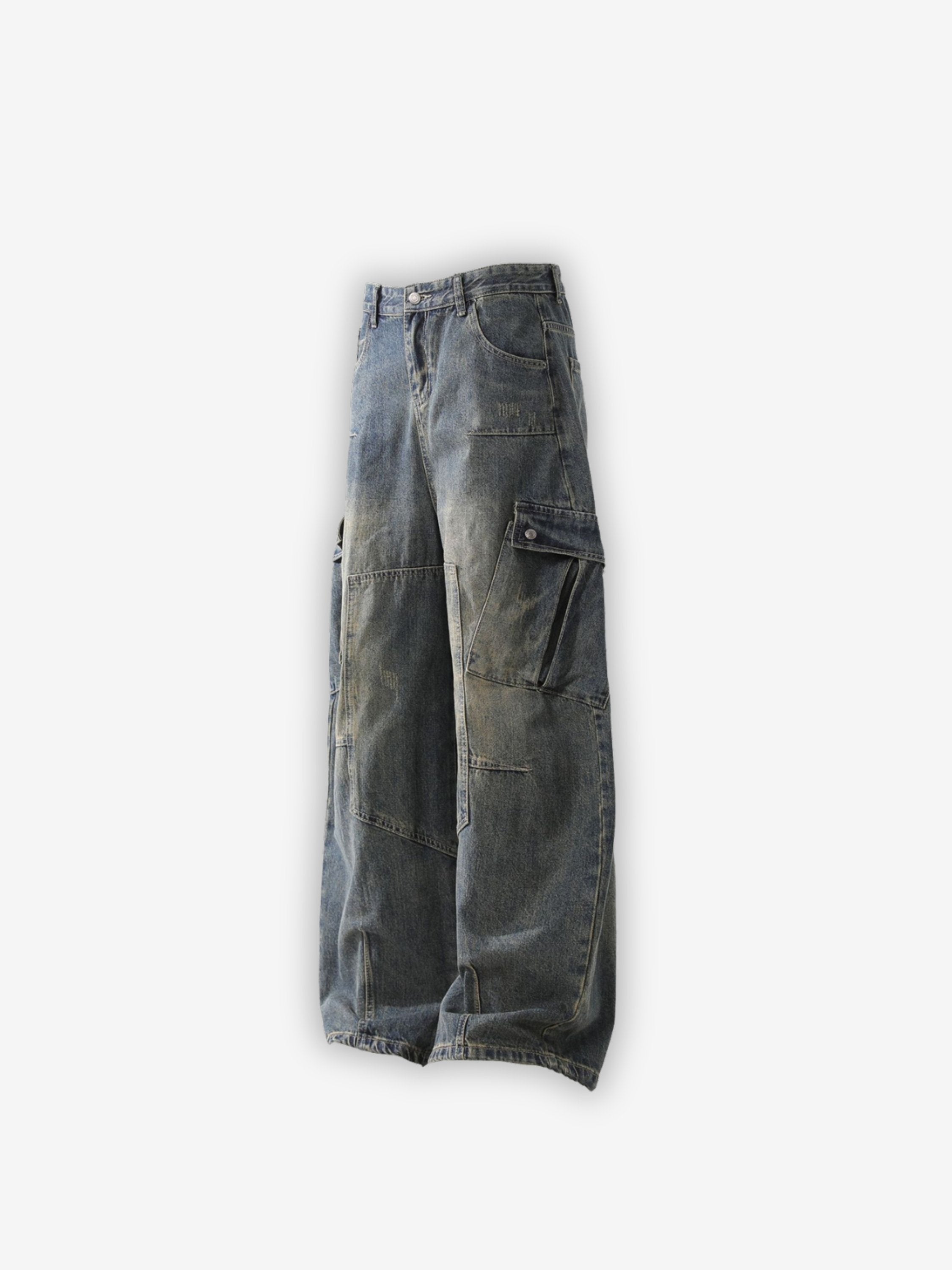 YHSWAGY Heavyweight Cargo Denim streetwear detail view - vintage wash loose denim