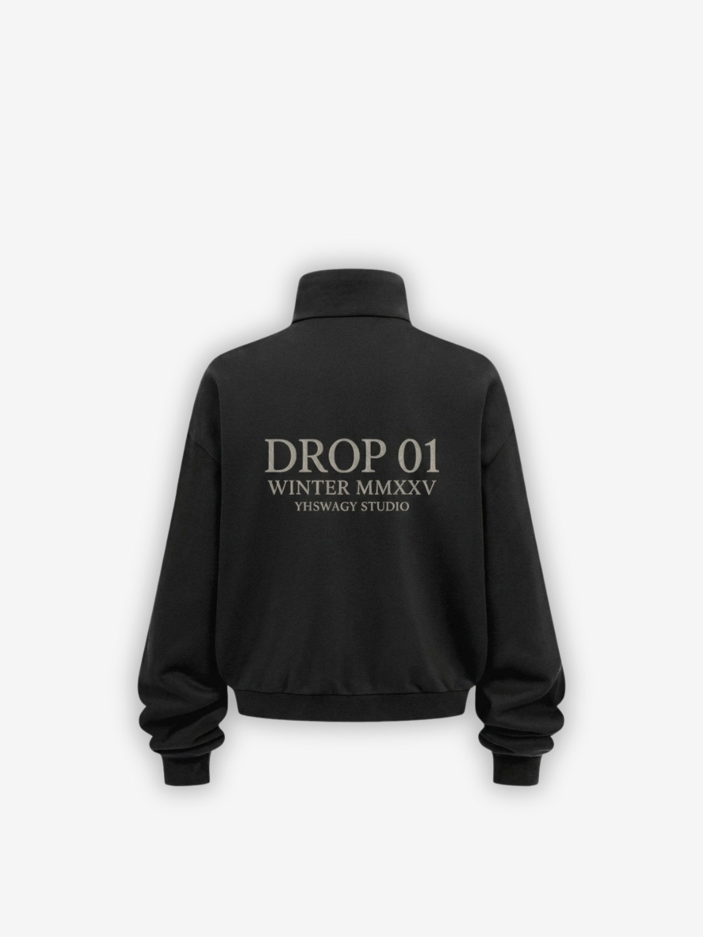 YHSWAGY stand collar track jacket in black, back view with DROP 01 print