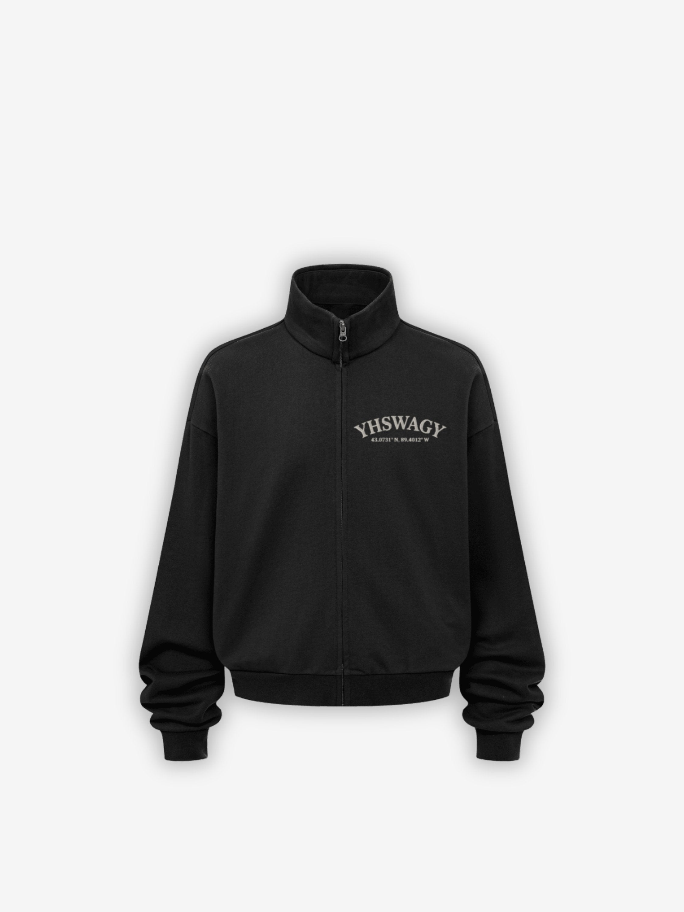 YHSWAGY Stand Collar Track Jacket in black - Premium Heavyweight Streetwear