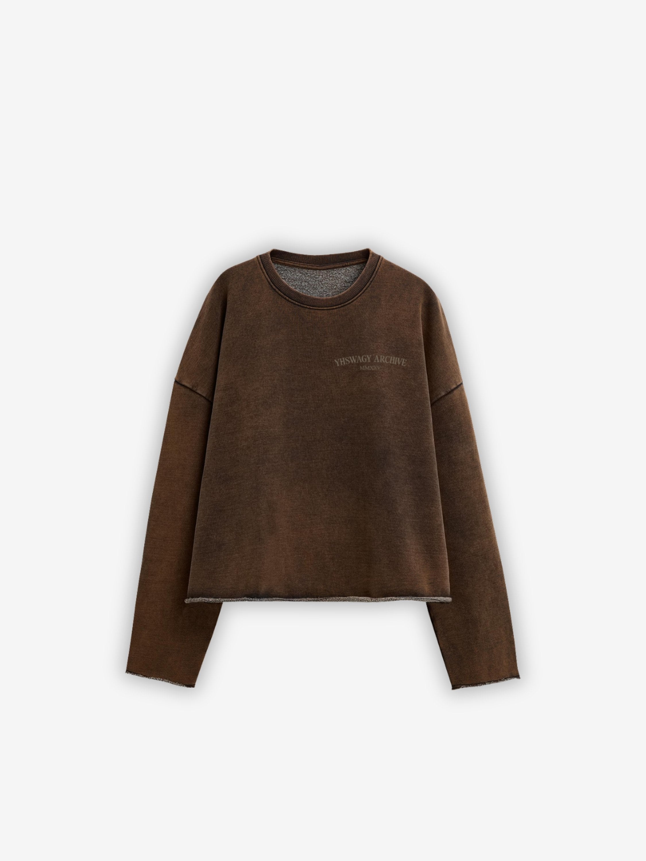 YHSWAGY washed cropped crewneck in brown, 440 GSM heavyweight fabric